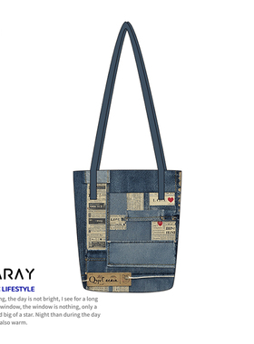尼睿新款复古文艺水桶包创意牛仔拼布印花效果大容量单肩帆布包AC
