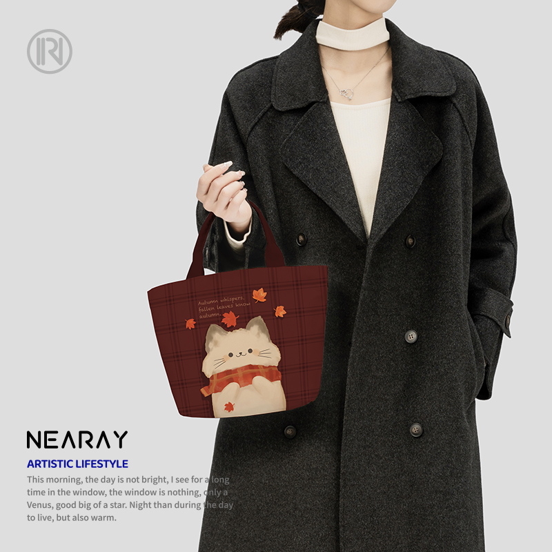 尼睿x惊蛰 新款原创小众可爱卡通猫咪手拎包休闲简约便携帆布包