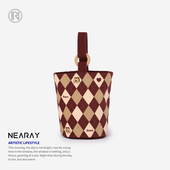 尼睿原创新款 水桶包美拉德色菱形格纹帆布包文艺复古手拎帆布包AI