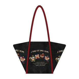 尼睿新款 百搭高级感品质帆布包Z079 原创牛仔拼图小熊单肩包时尚