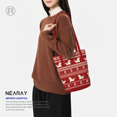 2026新款 单肩包红色小马水桶包通勤百搭大容量帆布包新年礼物Q348