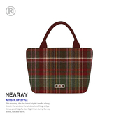 尼睿新款 手拎小包格纹印花酒红帆布包小众帆布包圣诞礼物女士Q333