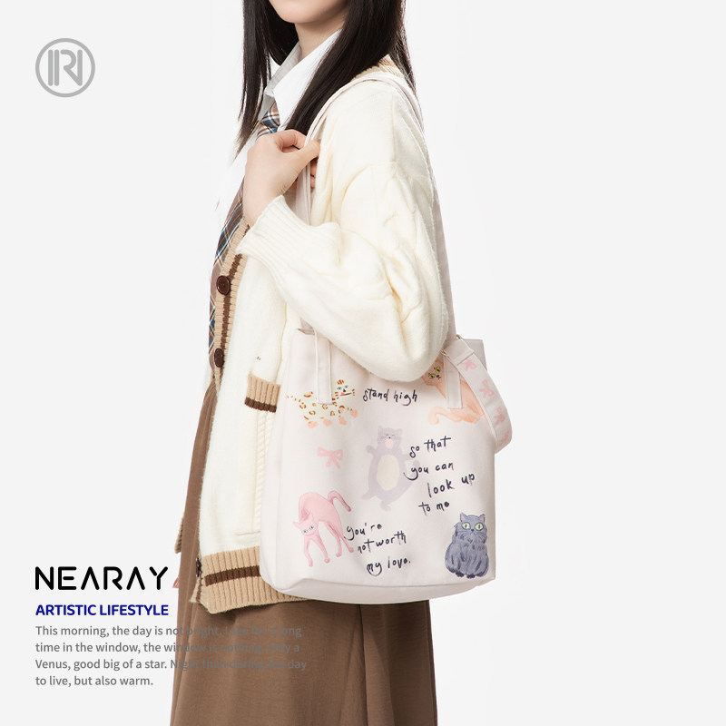 尼睿可爱手绘猫咪大容量托特包