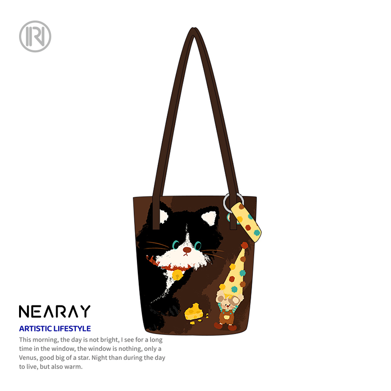 尼睿复古可爱猫咪单肩水桶包