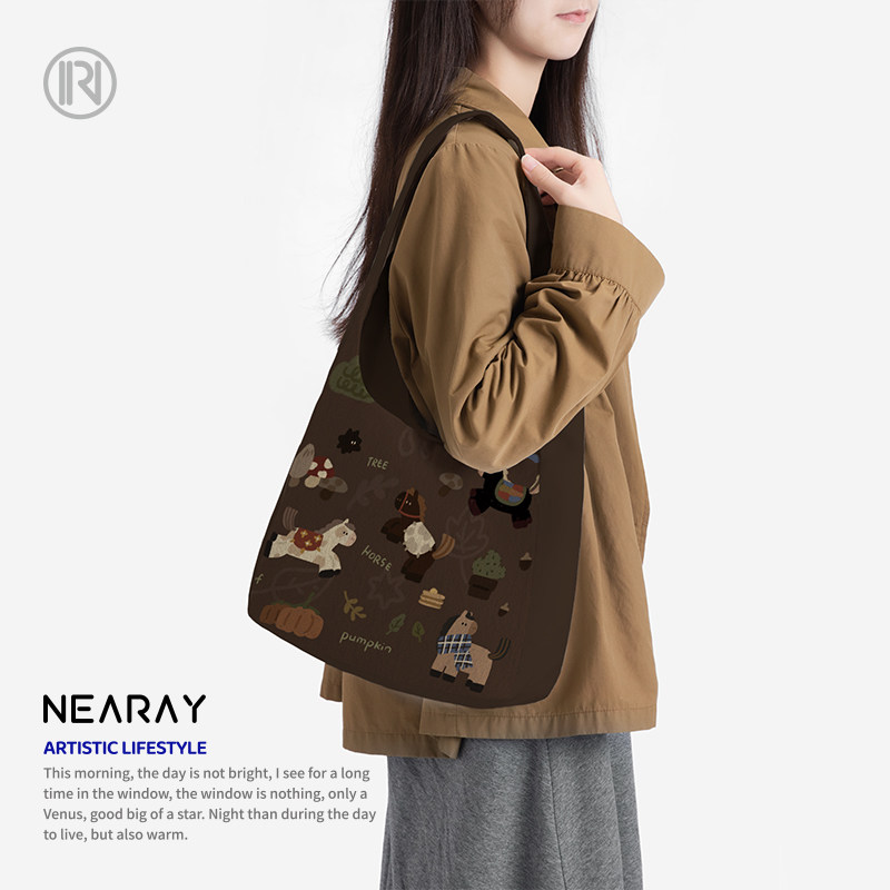 冬季卡通小马大容量单肩包复古暖棕日常逛街轻便百搭帆布包Q352,箱包皮具/热销女包/男包,通用款女包,淘宝优惠券,粉丝福利购,淘宝优惠卷