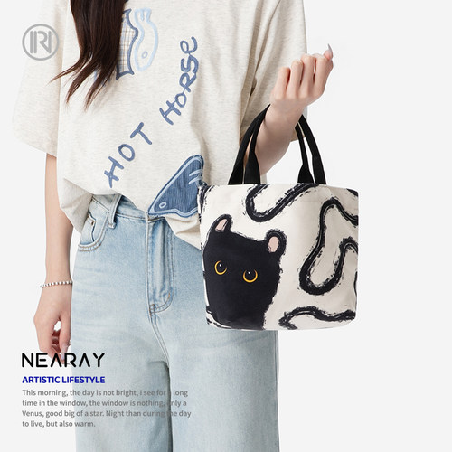 尼睿可爱小黑猫手拎帆布包