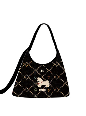 尼睿新款黑色帆布包女菱形格纹斜挎包可爱小狗拉链单肩包包通勤AC