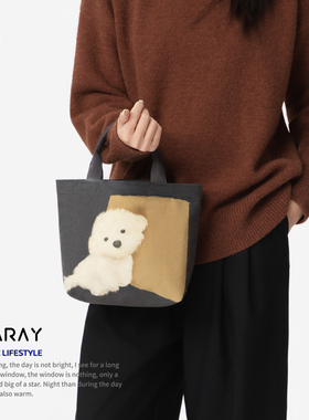 尼睿新款手提包女超好看的上班杂物小拎包复古豹纹小狗帆布袋Q308