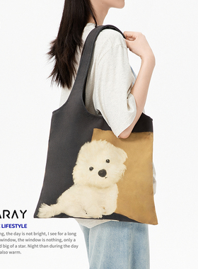 尼睿2025新款大容量便携单肩包原创复古可爱小狗百搭帆布包Q308