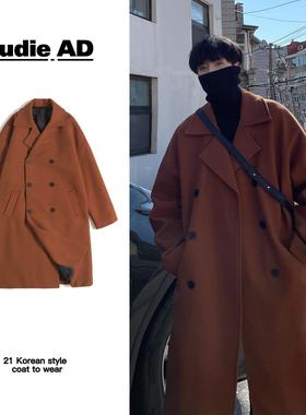 万同学帅气双排扣毛呢大衣冬季加厚过膝长款风衣男士时尚呢料外套