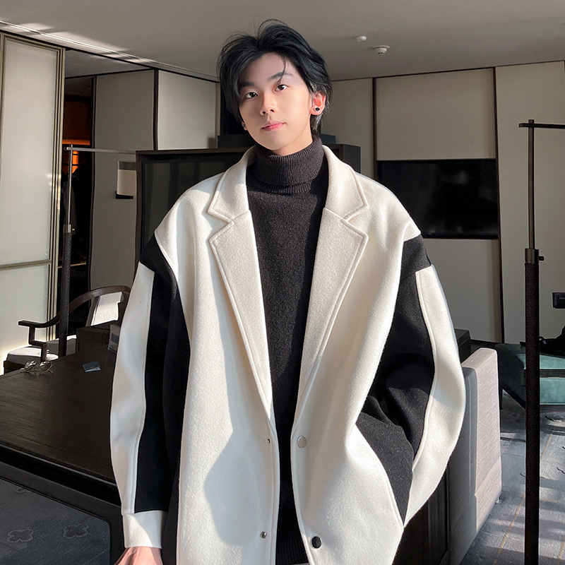 韩版时尚拼色西装外套冬季新品青年帅气加厚毛呢大衣男士宽松夹克