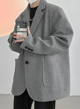 万同学开叉呢料西装外套轻熟时尚纯色休闲毛呢大衣冬季加棉外套男
