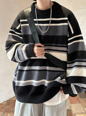 万同学情侣撞色条纹圆领针织衫男士宽松休闲毛衣冬季加厚保暖上衣