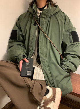 万同学户外登山白鸭绒羽绒服时尚魔术贴工装外套冬季男士御寒夹克