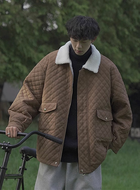 万同学羊羔毛翻领棉衣外套日系复古保暖工装夹克冬季男士格子棉服