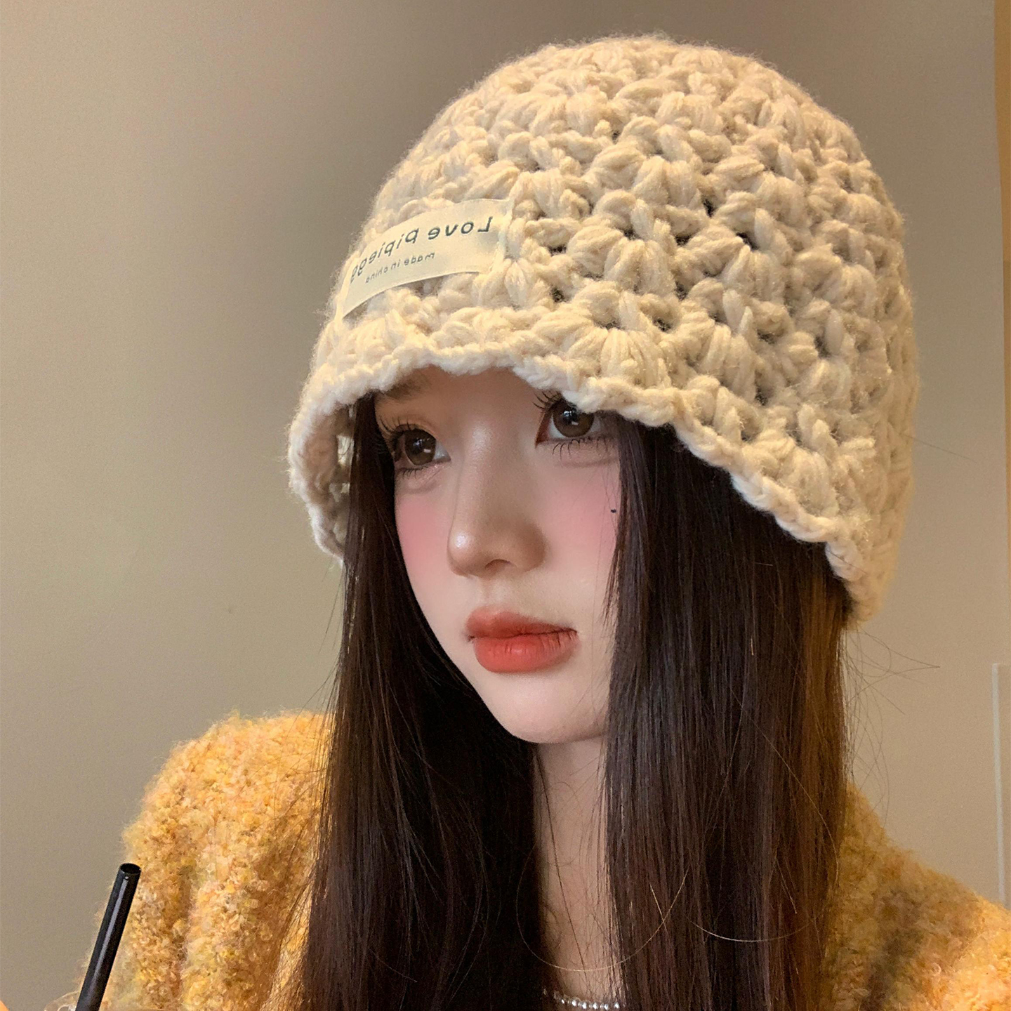 日系镂空针织包头帽女2025新款百搭大头围显脸小宽松针织套头帽子