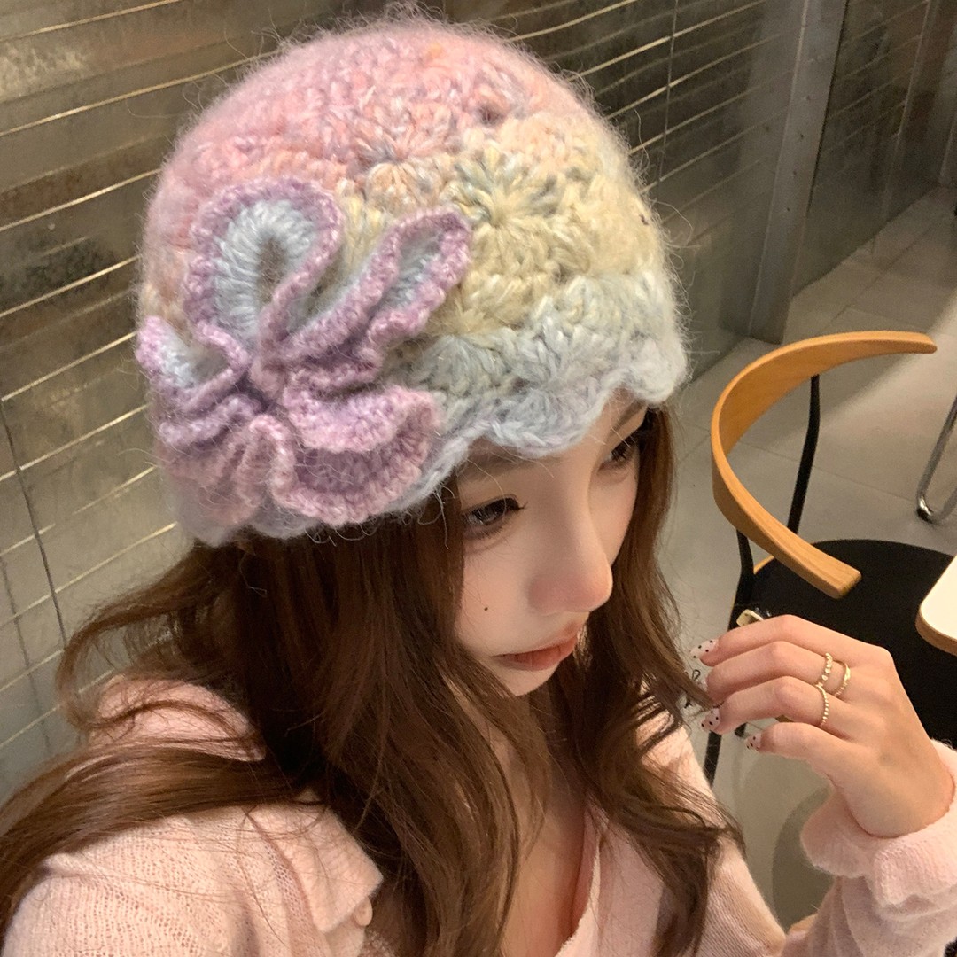 彩色手工钩花镂空针织包头帽子女秋冬季保暖显脸小毛线帽防寒冷帽