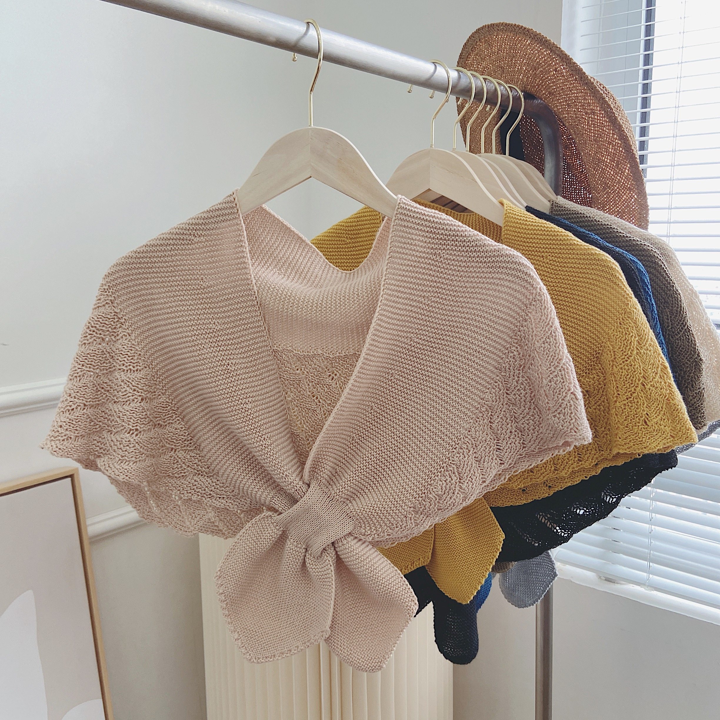 鱼尾纹镂空小披肩外搭夏季护颈针织空调房搭肩打结围脖假领子斗篷