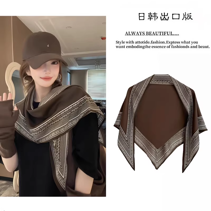 2025秋季新款复古印花丝巾女百搭气质旅游拍照披肩外搭系腰三角巾