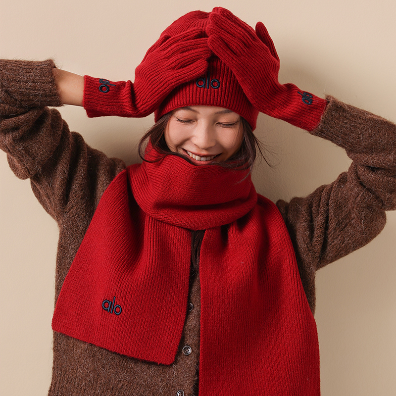ALO纯色三件套针织帽子毛线围巾手套一体女秋冬保暖帽子防寒围脖
