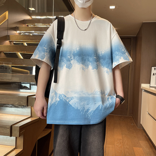 夏季男款短袖T恤纯棉上衣短袖男款2025新款潮牌圆领渐变色五分袖