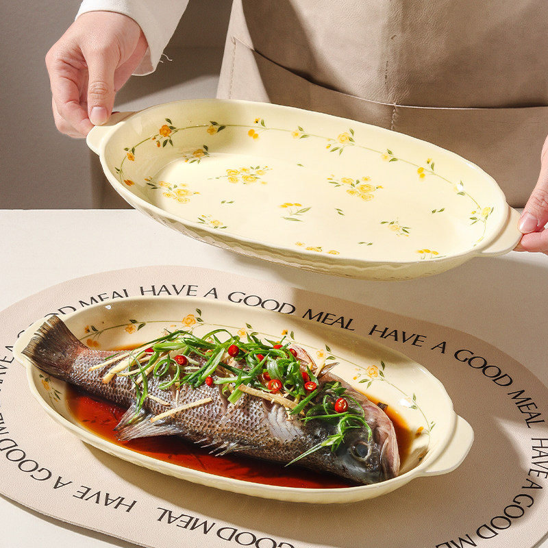 双耳鱼盘家用2026新款陶瓷蒸鱼专用盘子釉下彩小清新大号鱼碟鱼盆,餐饮具,盘,淘宝优惠券,粉丝福利购,淘宝优惠卷