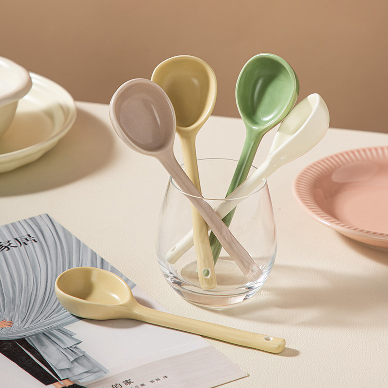 牧初高颜值陶瓷勺子长柄家用甜品汤匙调羹汤勺ins可爱小勺筷组合