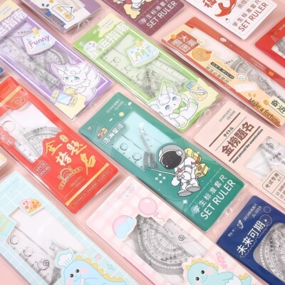 新款透明学生尺子套装创意卡通尺子套装小学生专用直尺三角四件套