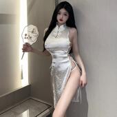 黛小姐：气质复古立领盘扣无袖 性感绑带镂空开叉改良旗袍连衣裙女