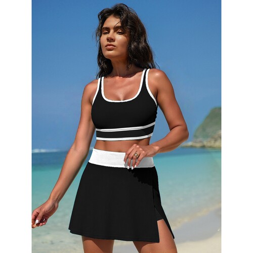 分体泳衣女高腰性感纯色两件套