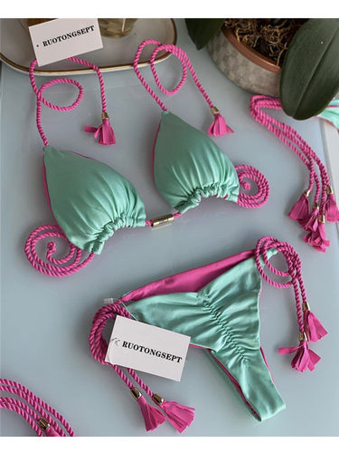 欧美编绳比基尼性感流苏泳装纯色多色泳衣Fringed string bikini