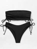 bikini pit strip swimsuit, two-piece strapless set, bikini Solid color sports style thumbnail 2