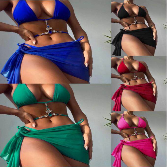 Solid color抹胸纯色泳衣钻石三件套女士泳衣网纱比基尼bikini