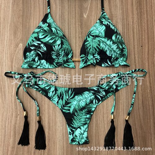 性感印花系带三角分体比基尼泳衣