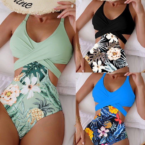 新款欧美印花镂空系带性感连体比基尼泳衣泳装One-piece swimsuit