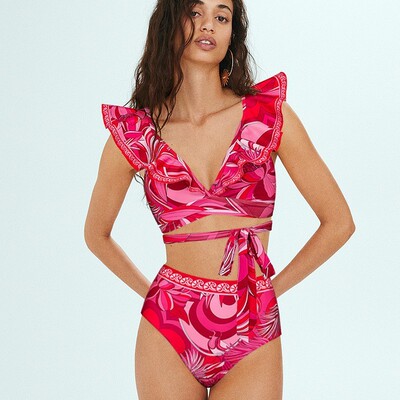 2025欧美新款性感泳衣女比基尼Sexy one-shoulder ruffles bikini