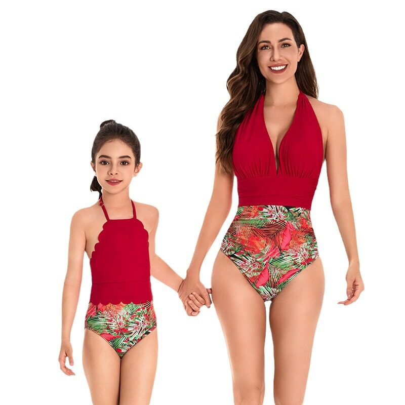 亲子装泳衣包臀比基尼小中大童母女泳装bikini Printed fabric