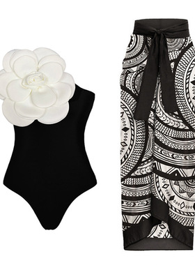 Conjoined body Bikini2025欧美连体3D白色立体大花装饰纯色性感