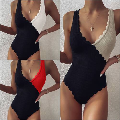 欧美连体泳衣拼接花瓣边个性一体泳装One-piece bikini swimsuit