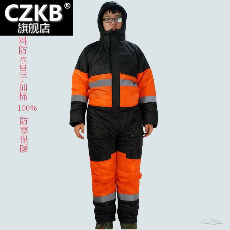冬季防寒保暖防水防油连体工作服男钩鱼船员扑鱼冷库劳保棉服加厚