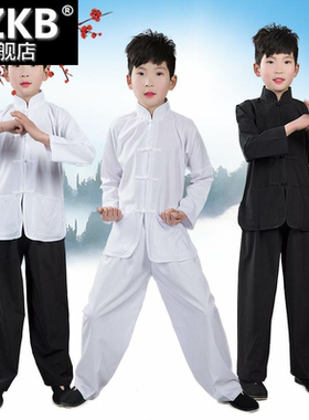 。传统儿童唐装叶问同款功夫演出服黑色裤子白色盘扣上衣武术练功