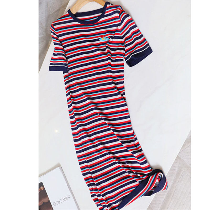 amass阿玛施旗舰店官网女装2020夏新款彩色条纹天丝针织连衣裙子