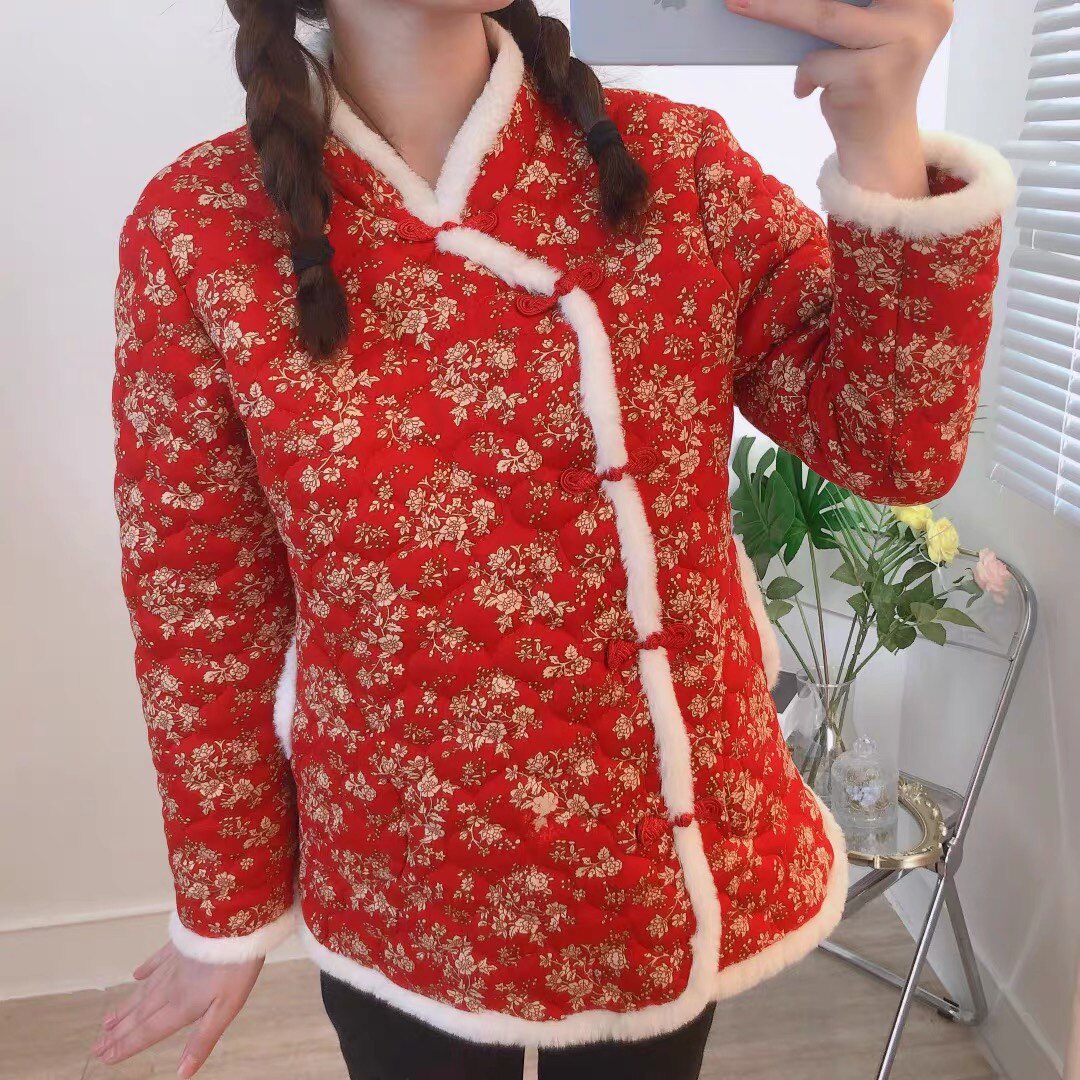 2024网红花棉袄短款外套碎花百搭款加厚大花棉袄女装中国风妈妈装