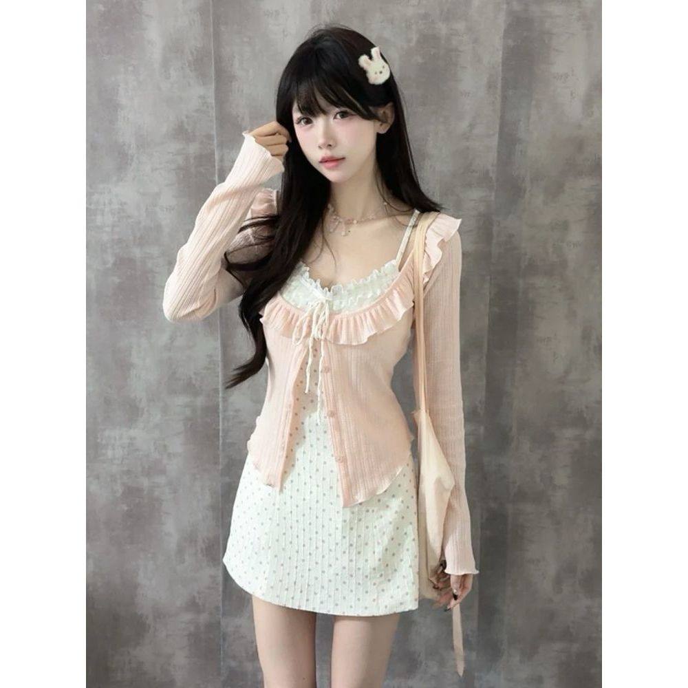 【甜漫音符】夏季日系甜美少女风纯欲波点显瘦连衣裙开衫两件套