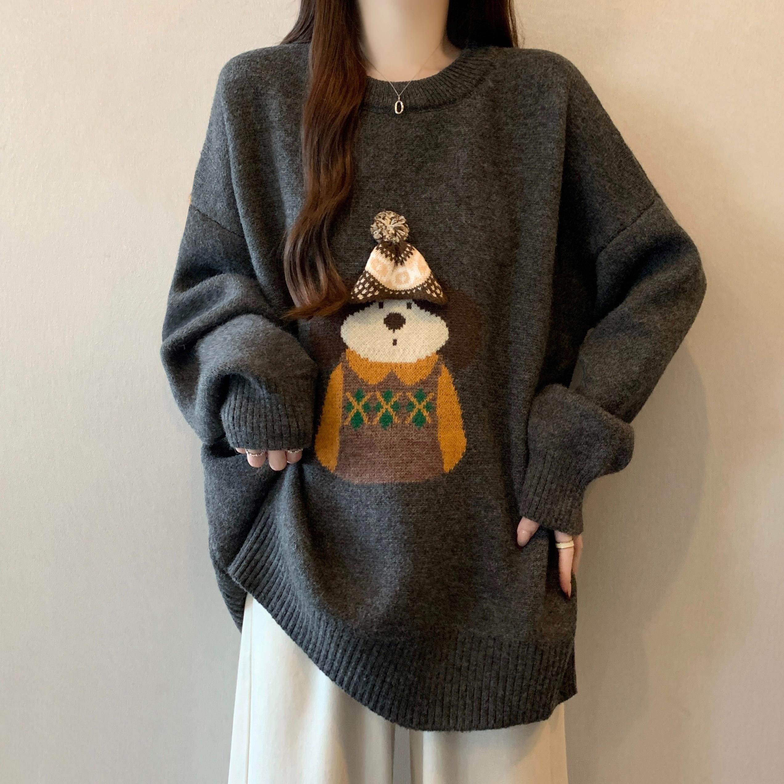 灰色巨好看针织衫毛衣女2025超火冬大码胖mm宽松中长款遮屁股上衣