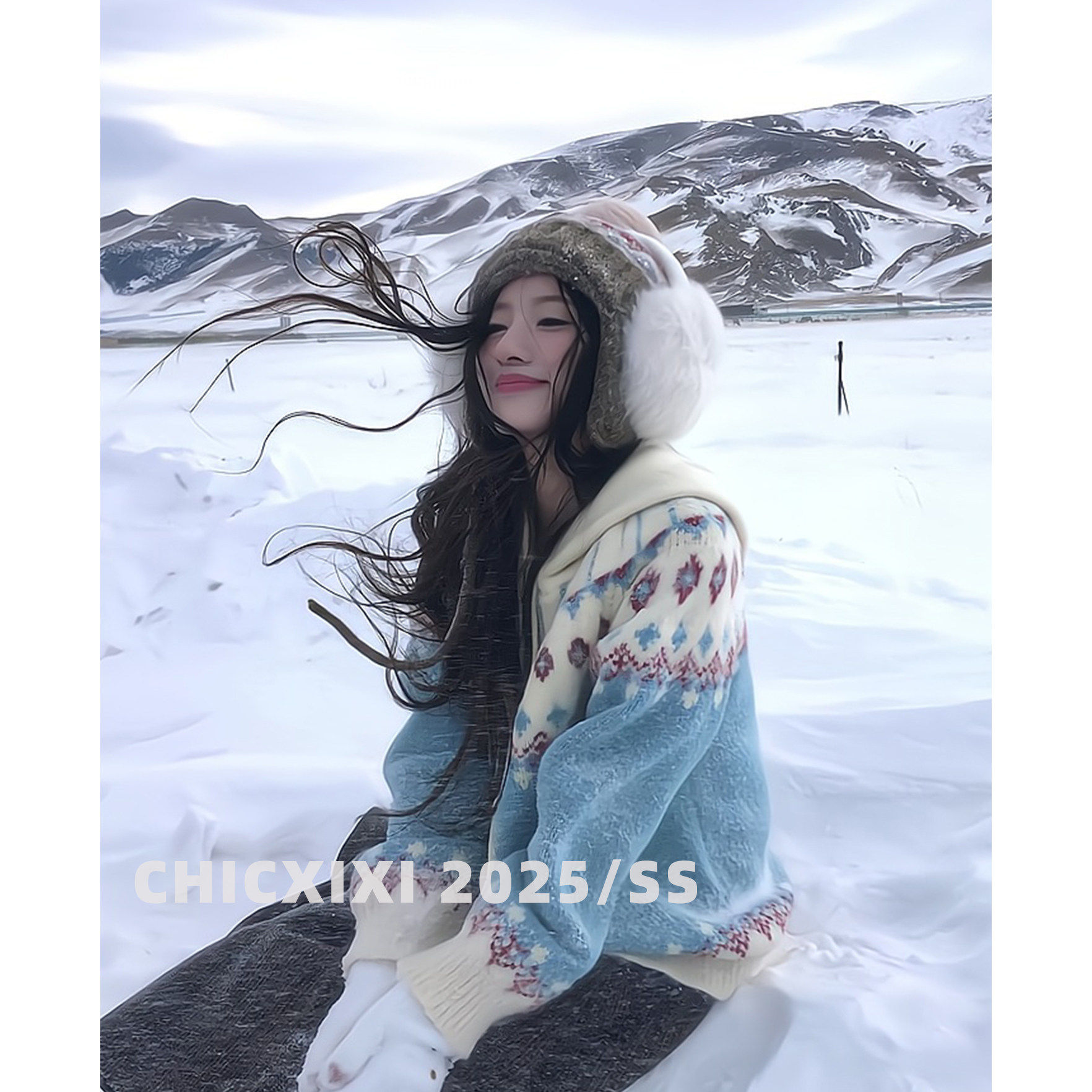 氛围感蓝色费尔岛牛角扣毛衣外套女秋冬季慵懒风连帽圣诞针织开衫