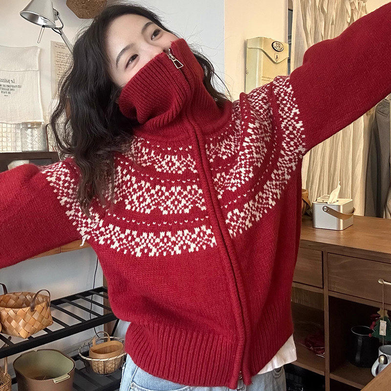 覆古提花翻领双拉炼 炼 红色毛衣外套女秋冬费尔岛新年耶诞针织开,女装/女士精品,毛针织衫,淘宝优惠券,粉丝福利购,淘宝优惠卷