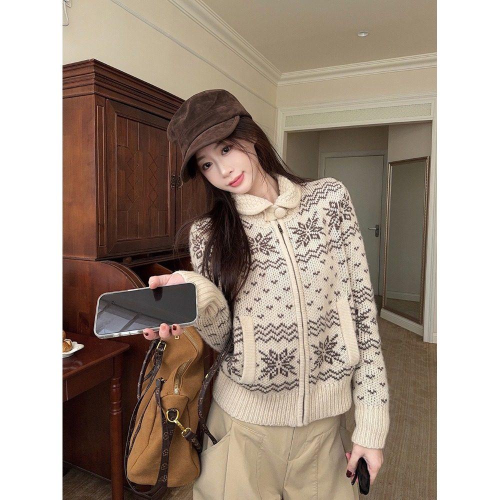 费尔岛复古撞色提花气质长袖针织开衫女冬季短款休闲毛衣外套上衣