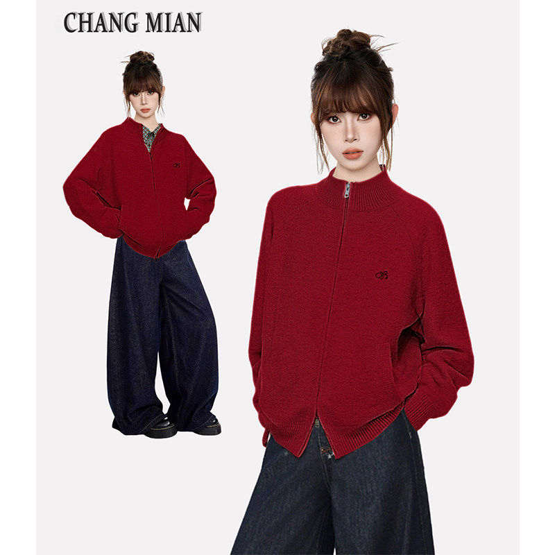 新年红色立领高领毛衣外套女秋冬冬季加厚高级感针织开衫拉链上衣,女装/女士精品,毛衣,淘宝优惠券,粉丝福利购,淘宝优惠卷