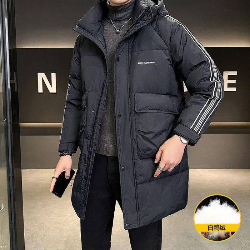 潮男冬季中长款羽绒服男连帽条纹大口袋时尚外套上衣